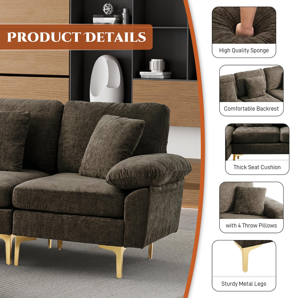 OUYESSIR U-Shaped Sectional Sofa Couch, 4 Seat Sofa Set for Living Room, Convertible L-Shaped Chenille Couch Set with Chaise Lounge, Ottoman and Pillows,114 inches (Brown) OUYESSIR