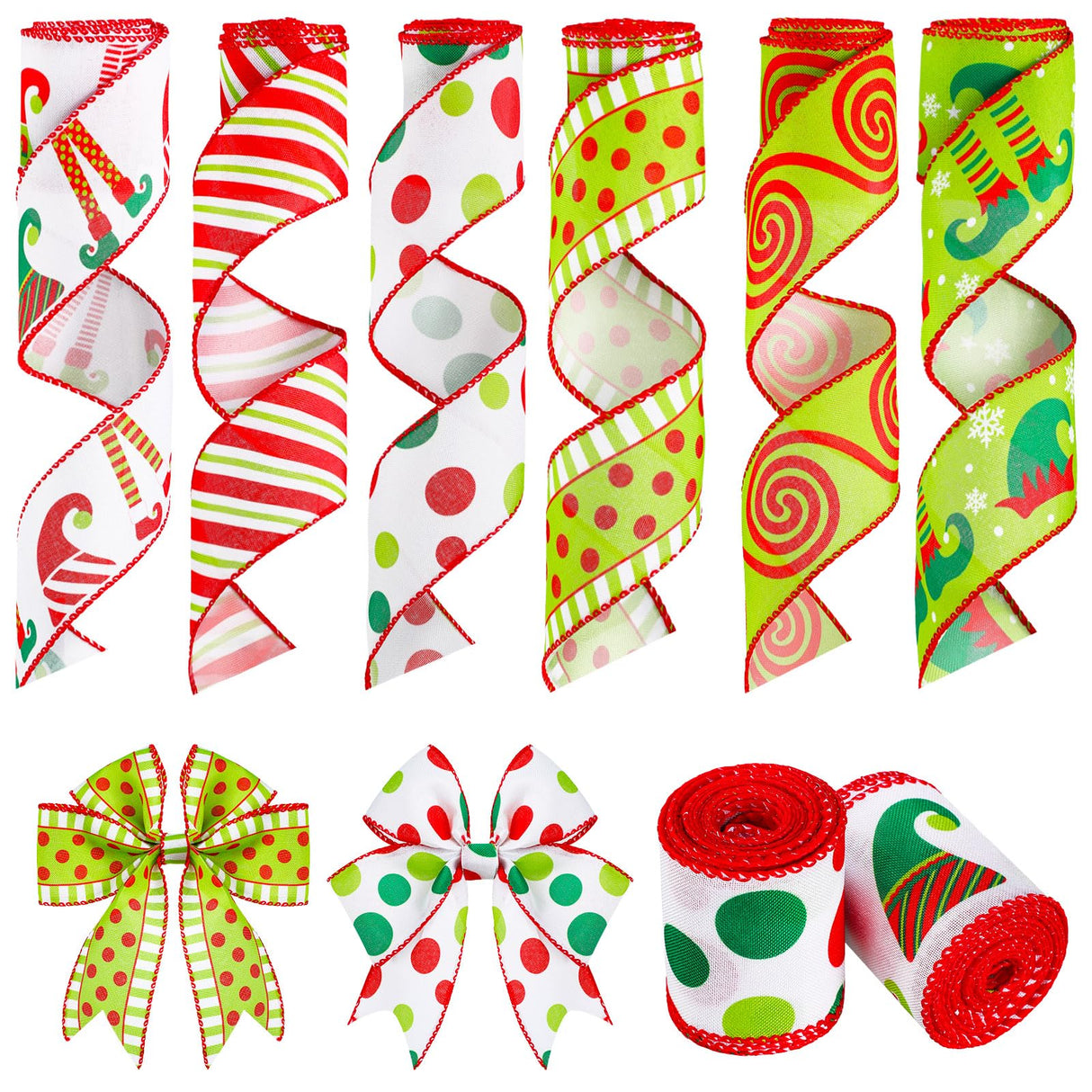 6 Rolls 30 Yards Christmas Wired Edge Ribbon Elf Hats and Legs Multi Dots Swirl Diagonal Stripe Ribbon Home Party Bows Decor for Xmas Tree Wreath Gift Wrapping DIY Crafts, 2.5 Inch (Stylish Style) Yinder