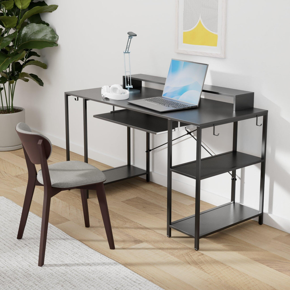 HYPIGO Workstation Desk with Keyboard Tray, 55 Inch Computer Desk with Storage Shelves Monitor Stands and 4 Iron Hooks, Industrial Desk for Home Office HYPIGO
