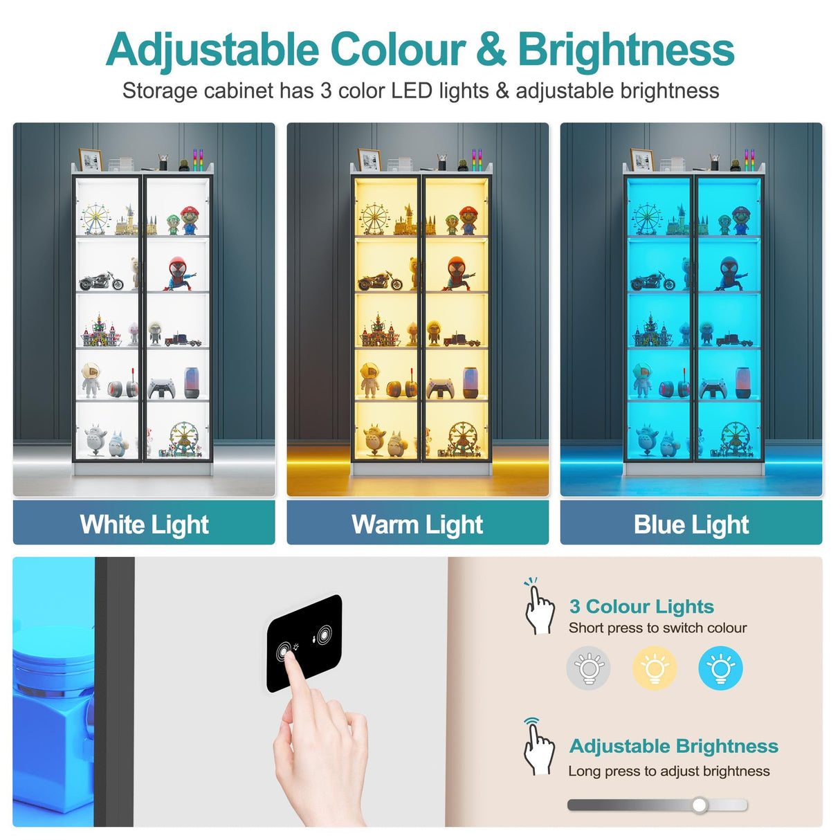 Lvifur 66" Tall Storage Cabinet, LED Kitchen Pantry Cabinet with Human Body Induction, 5 Tier Bookcase Display Cabinet with Adjustable Shelves for Living Room Office (White) Lvifur