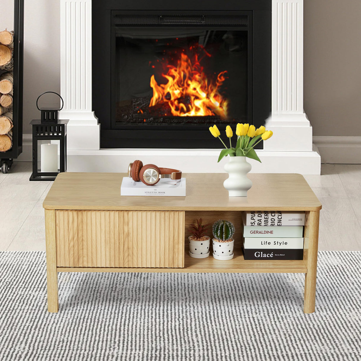 affeivul Rectangle Fluted Coffee Table with Storage and Sliding Drawers, Light Wood Coffee Table, Mid Century Modern Coffee Table Boho Style, Low for Living Room/Bedroom/Office (Natural) affeivul