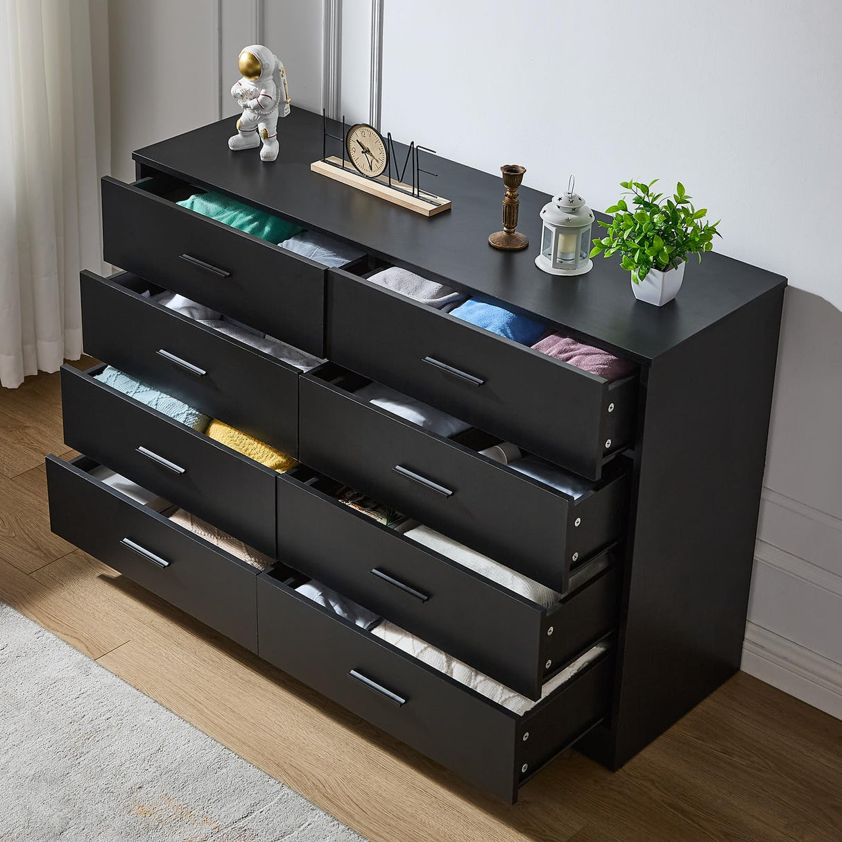 Black Dresser for Bedroom Wooden, 8 Drawer Dressers & Chests of Drawers, Modern Wood Tall Dresser, 48 Inches Wide Chest of Drawers for Bedroom, Hallway, Living Room LIDYUK