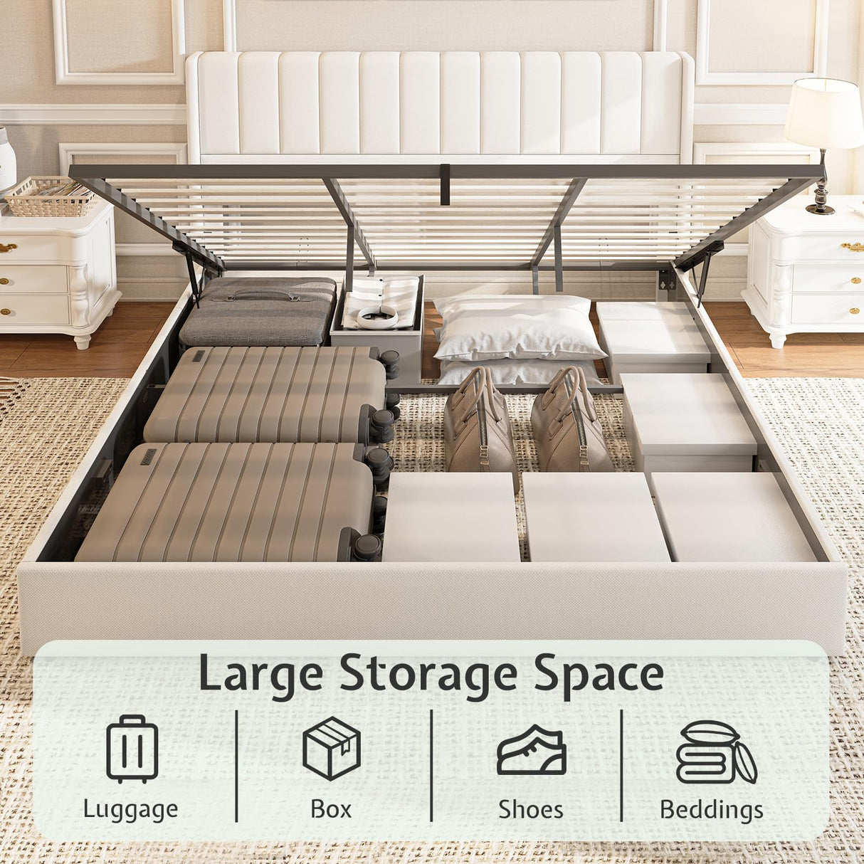 Jocisland King Size Lift Up Storage Bed Frame, Linen Upholstered Platform Bed with Vertical Channel Tufted Headboard and Wingback, Hydraulic System, No Box Spring Needed, Wood Slats Support, White Jocisland