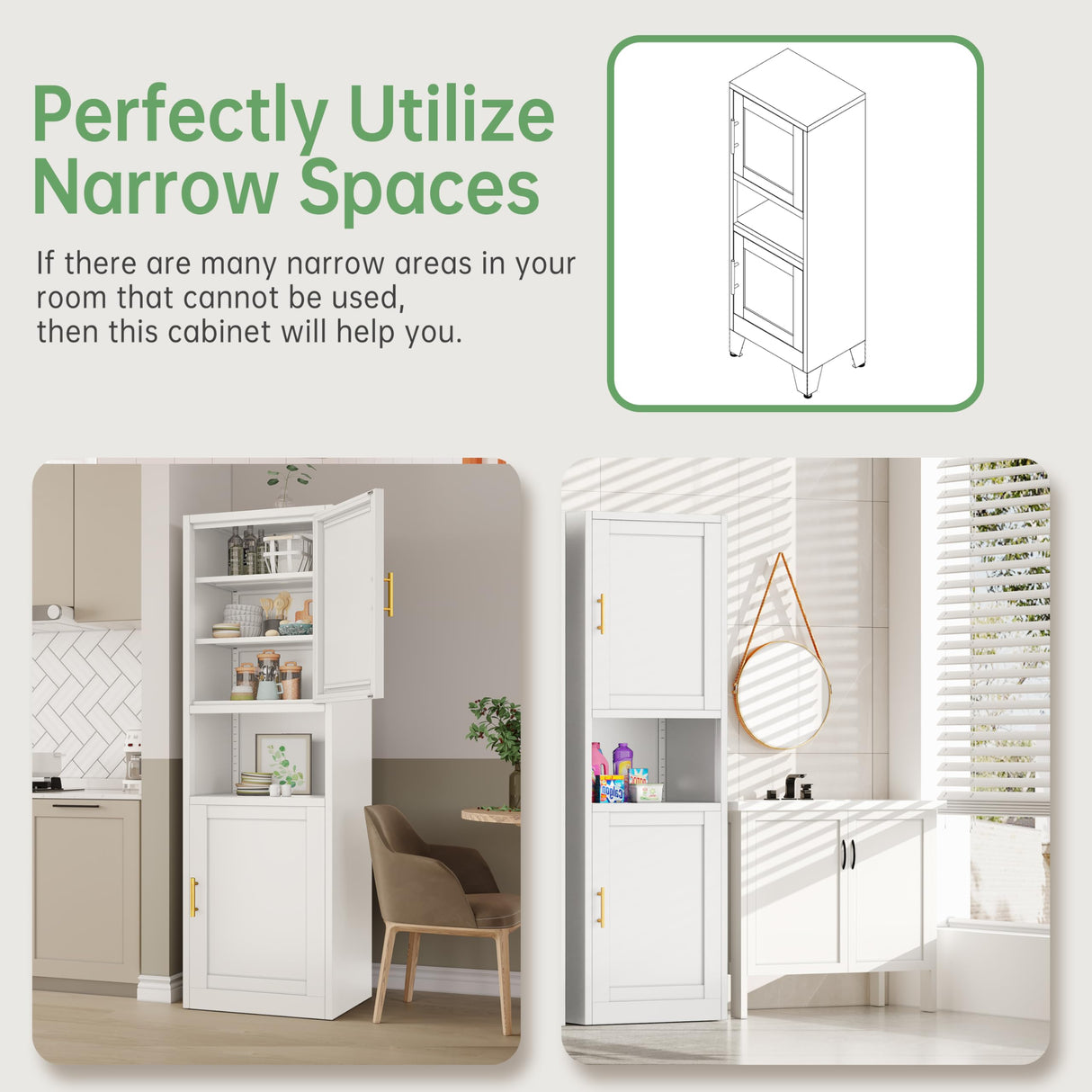 Ckzbx Tall Narrow Storage Cabinet 66.93" H Tall Bathroom Cabinets Metal Pantry Cabinet, 4 Adjustable Shelves for Kitchen, Home Office, Living Room, Dinning Room (16 inches Wide White) Ckzbx