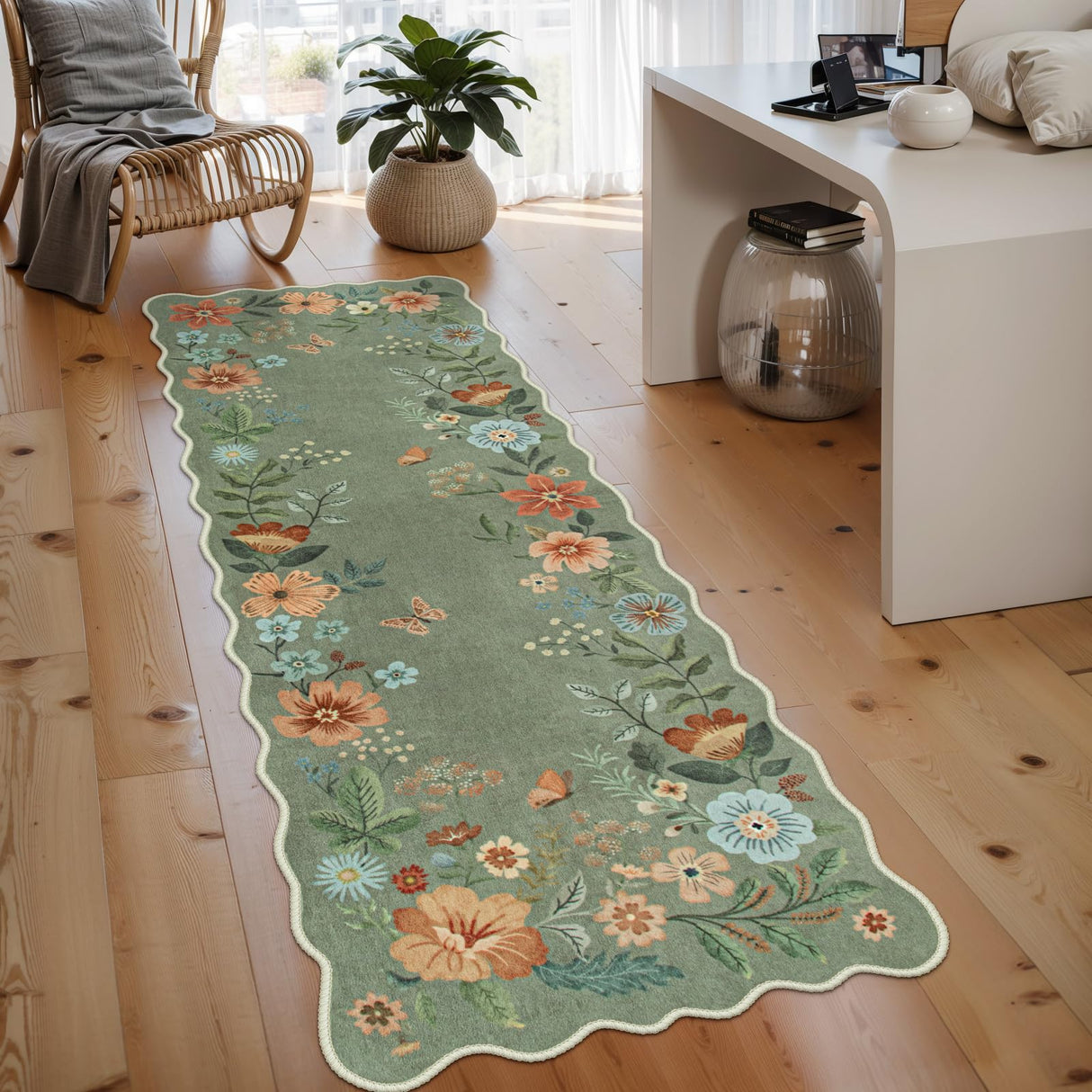 Lahome Floral Runners for Hallways, 2X6 Kitchen Runner Rug Ultra-Thin Soft Rug, Non-Slip Washable Rug Runner Stain Resistant Boho Rug Low-Pile Carpet Runner for Laundry Bathroom Bedroom(2x6ft,Green) Lahome