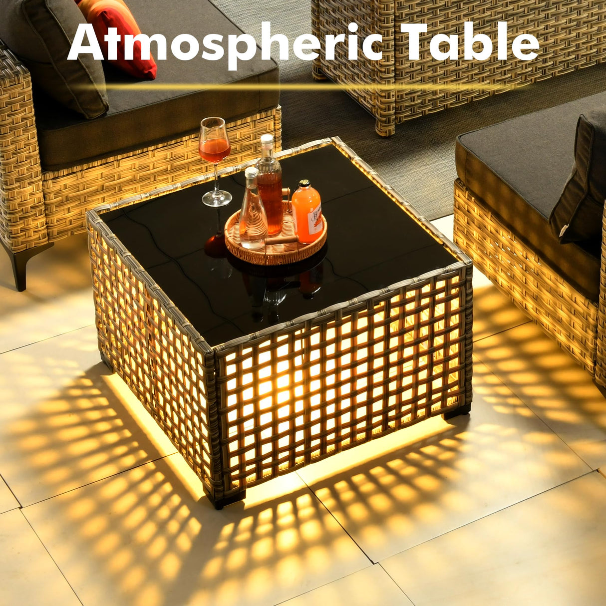 CAODOC 11-Piece Outdoor Sectional Sofa Set w/ 54" Fire Pit – L-Shaped Wicker Patio Furniture, Deep Seating & Swivel Rockers,Black CAODOC