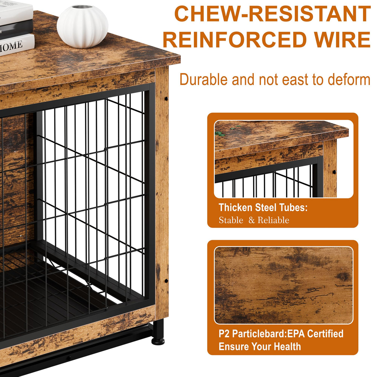 Vongrasig Dog Crate Furniture, Side End Table, Modern Wooden Kennel for Dogs Indoor, Heavy-Duty Dog Cage with Multi-Purpose Removable Tray, Double-Door Dog House, Rustic Brown Vongrasig