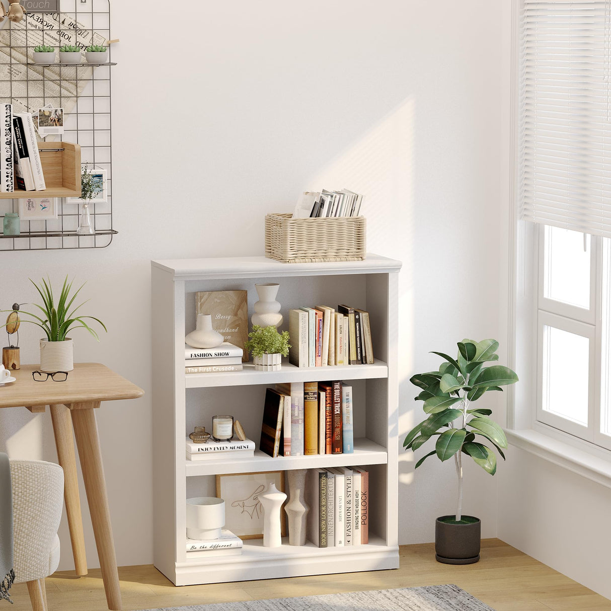 Blini 3-Shelf Tall Bookcase in White - Stylish Wooden Storage Solution for Home & Office blini