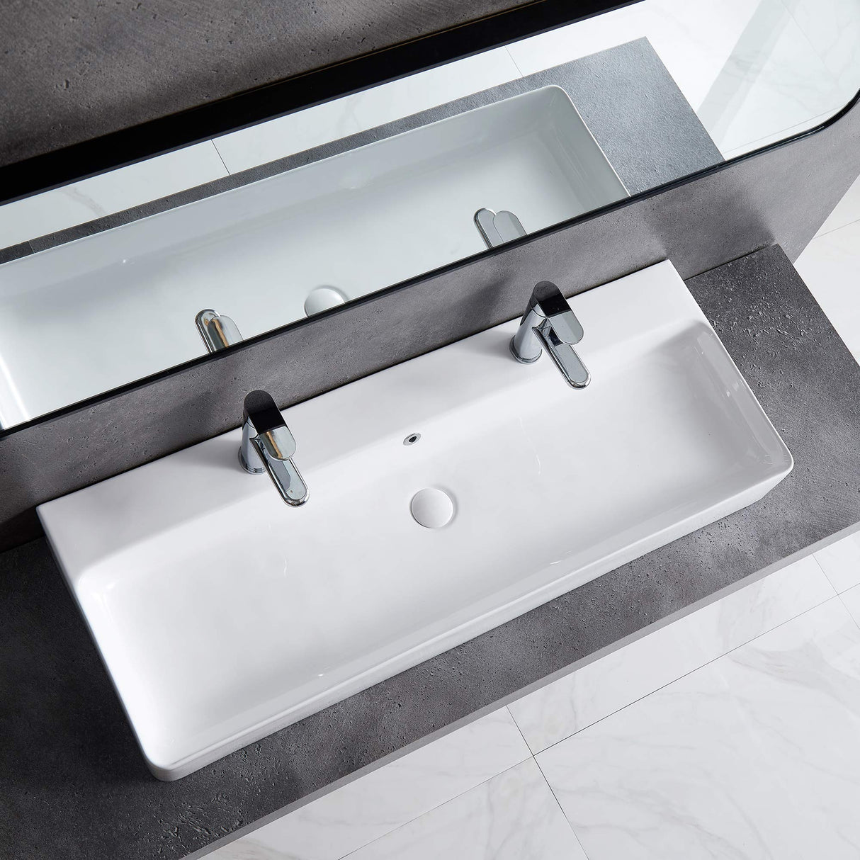 Eridanus Bathroom Sink Rectangle 43" x 16", Two Hole Vitreous Ceramic Vessel Sink, Countertop & Wall Mount, Modern Porcelain Vanity Floating Sink Art Basin Trough with Overflow, Glossy White Eridanus
