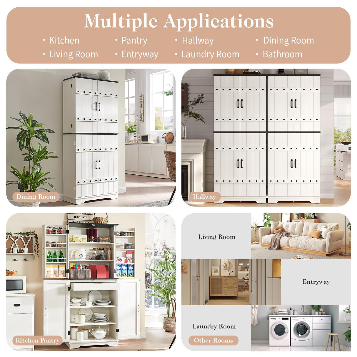 LUXOAK 72" Tall Farmhouse Kitchen Pantry with Rivet Barn Doors, Rustic Wood Cupboard Storage Cabinet/w Drawer & Adjustable Shelves for Dining Living Room, Bathroom & Hallway, Antique White LUXOAK