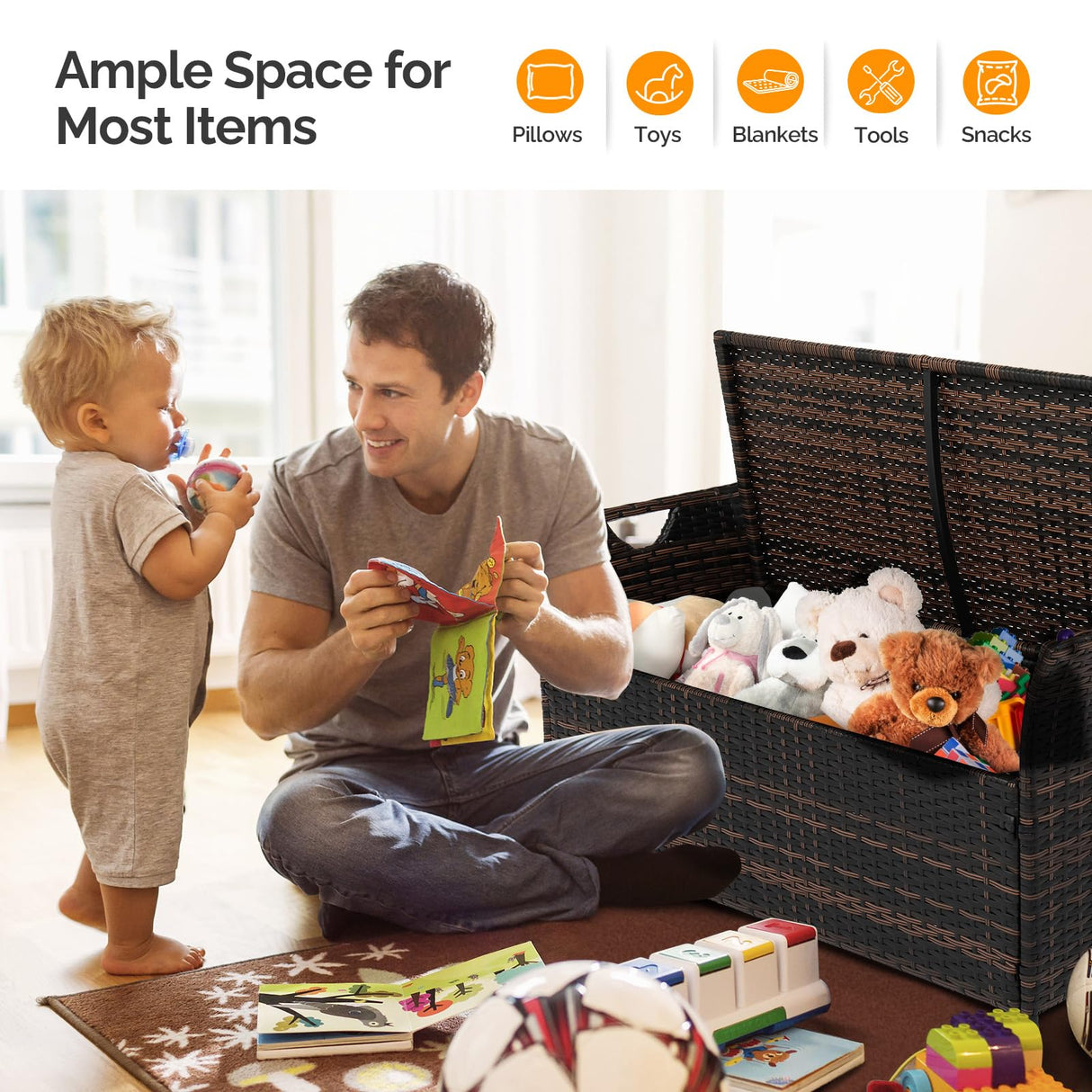 VINGLI 40 Gallon Outdoor Storage Bench with Cushion, Rattan Storage Box, Patio Wicker Deck Box with Seat for Garden | Balcony | Porch | Pool | Yard (Brown Frame + Beige Cushion) VINGLI