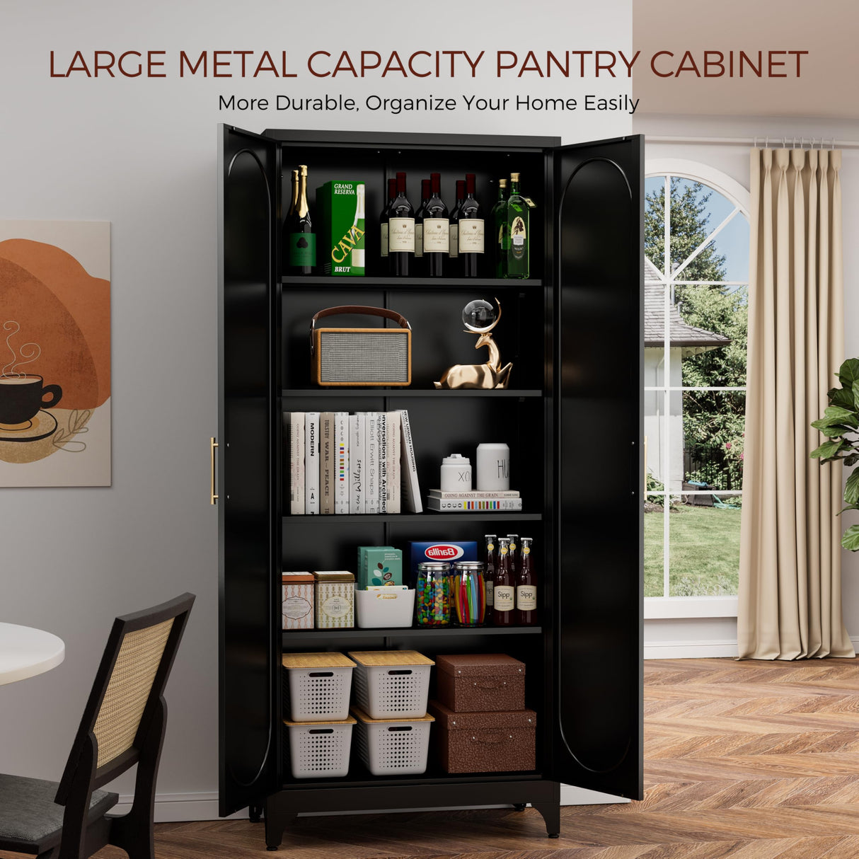 Kubohogar 75" Tall Kitchen Pantry Cabinet with 2 Doors and 4 Adjustable Shelves, Black Metal Storage Cabinets, Kitchen Cupboard for Dinning Living Room, Bathroom, Home Office Kubohogar