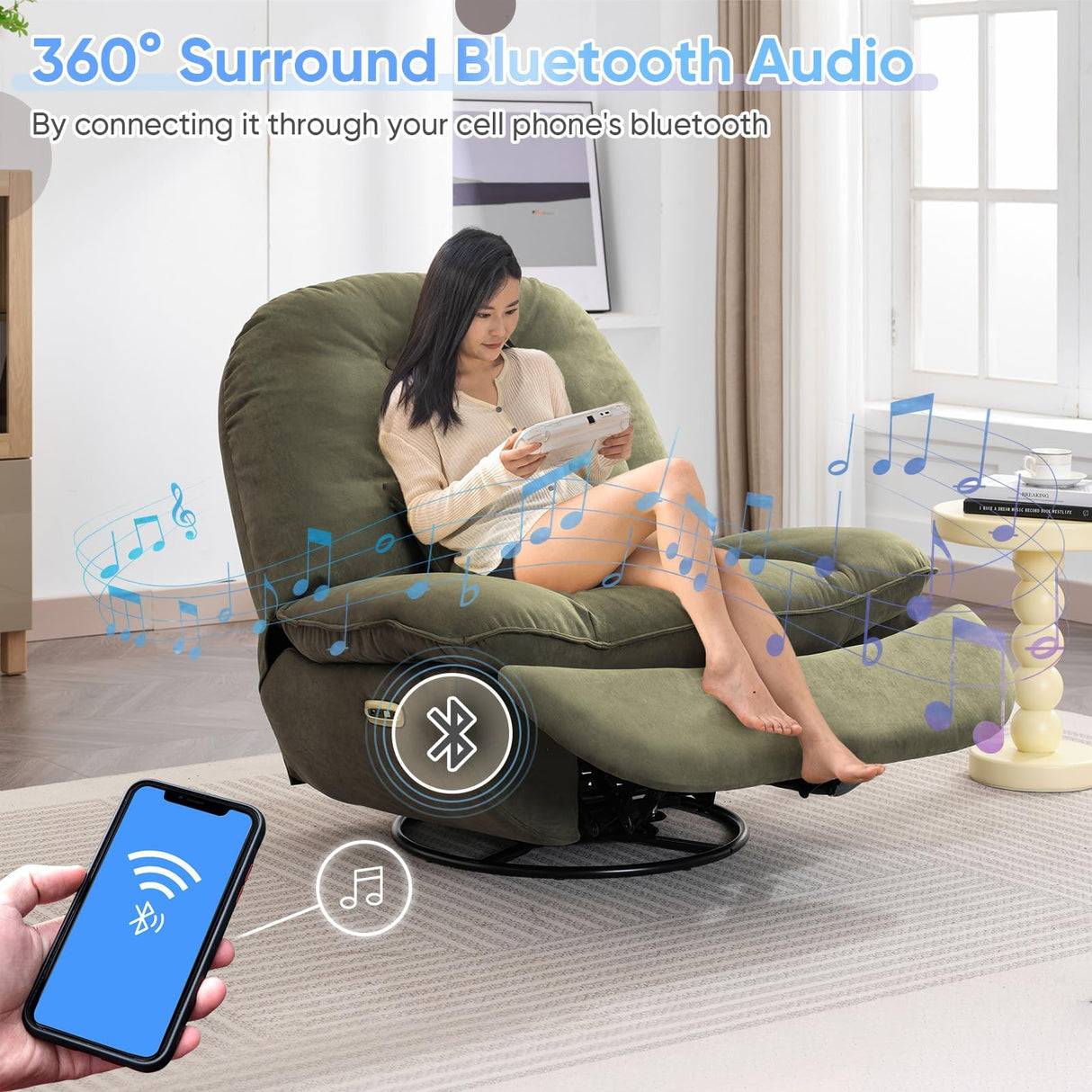 Smart Oversized Electric Recliner Chair, 360° Round Swivel Rocking Glider Rocker for Adults Modern Comfy Ergonomic Chaise Lounge Indoor, Theater Seating Living Room Reading, Emerald Green Fabric Deolme