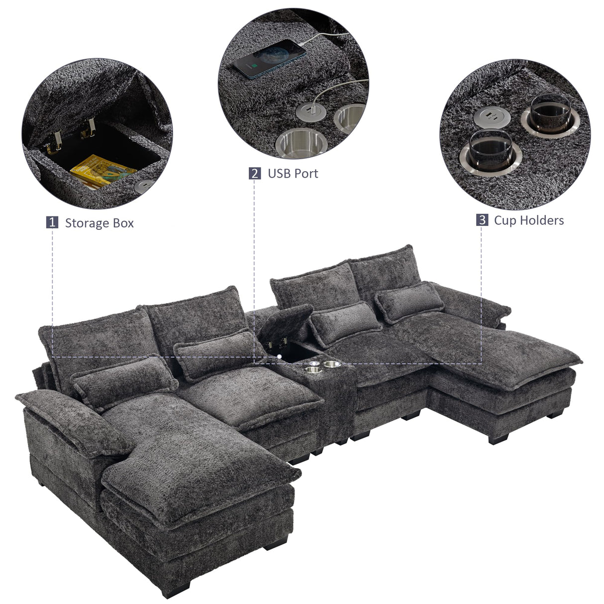 Suheww U Shaped Modular Sectional Sofa, 124.8" Cloud Couch for Living Room, Grey Fluffy Chenille Couch with Console Cupholders and USB Port Comfy Sofas for Apartment Studio Office Suheww