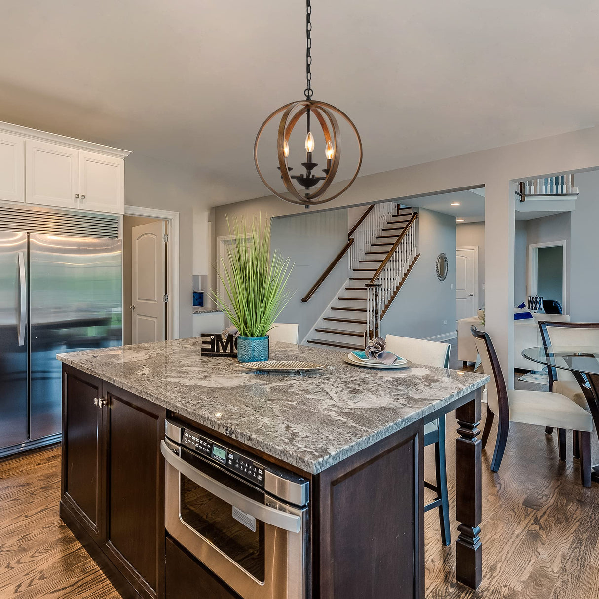 LOG BARN Farmhouse Chandeliers, Faux-Wood Globe Hanging 3-Light Fixture for Dining & Living Room, Bedroom, Foyer and Entryway LOG BARN