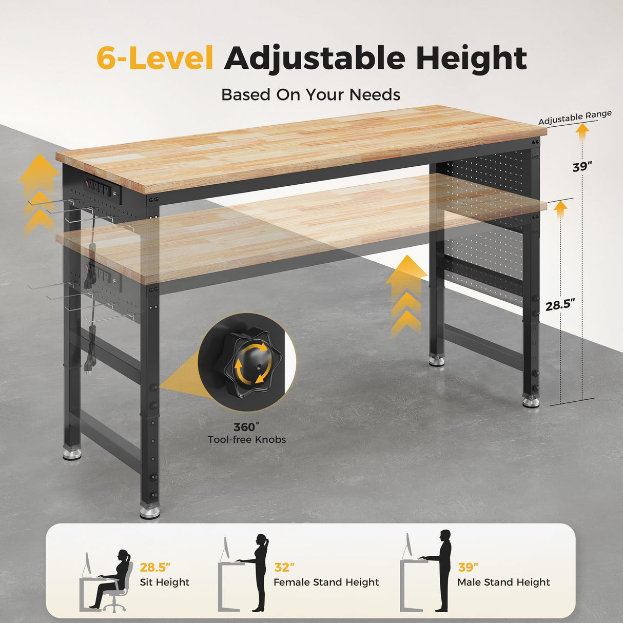 CAMMOO 60" Adjustable Heavy Duty Workbench, 2000 LBS Load Capacity Rubber Wood Work Table with Pegboard, Power Outlets, Work Bench for Garage, Workshop, Office, Home, Commercial CAMMOO