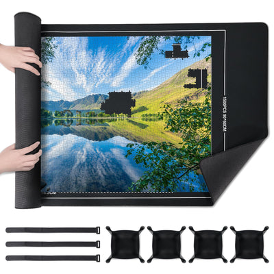 Black Puzzle Rubber Pad with 4 Drawers,Roll-Up Mat with Non-Slip Rubber Bottom and Fabric Top Easy to Store and Carry for Storing Assembled Puzzle Accessories