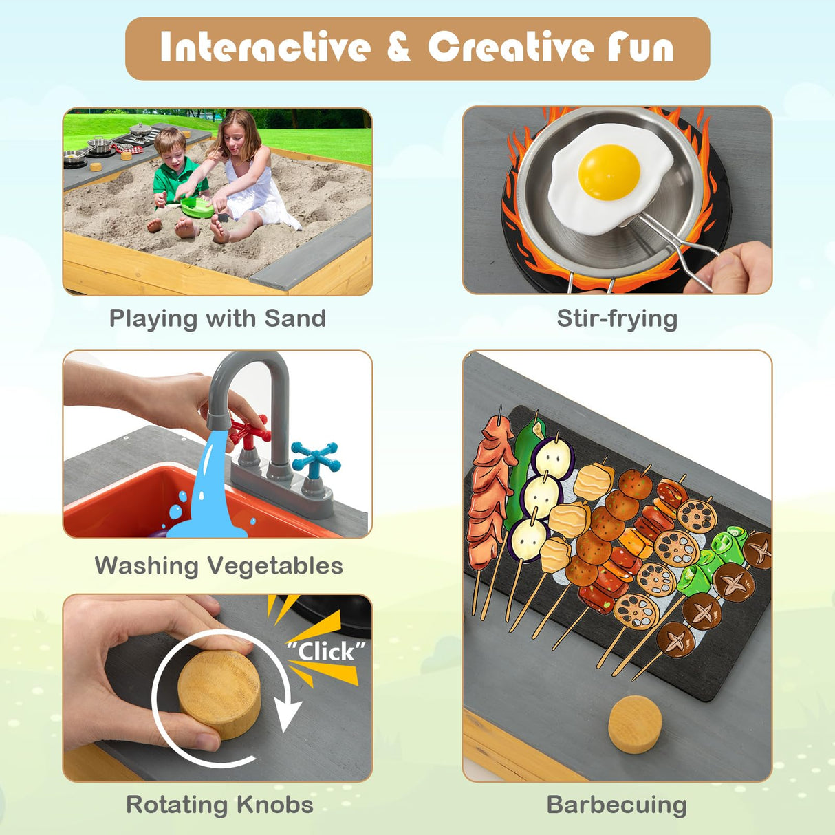 HONEY JOY Kids Sandbox, 2 in 1 Cedar Bottomless Sand Pit & Kitchen Playset, Water Faucet & Sink, Bottom Liner, Realistic Cooking Accessories, Wooden Sand Boxes for Kids Outdoor Backyard HONEY JOY