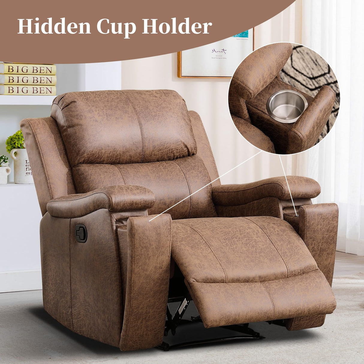 EBELLO Recliner Chair, Single Overstuffed Sofa Recliner, Breathable Faux Leather Manual Reclining Chairs with Hidden Cup Holder, Arm and Back for Adults, Living Room, Bedroom, Light Brown EBELLO