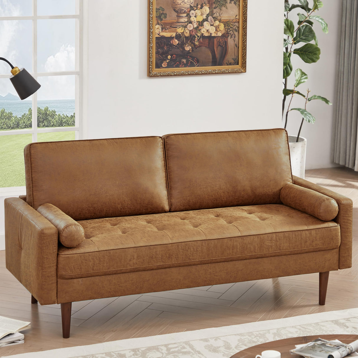HIFIT 58" Loveseat Sofa Couch, Mid Century Modern Faux Leather Couch with Hand-Sewn Deep Love Seat & 2Pillows, Home Sofa Living Room Small Couches for Small Space,Bedroom,Office,Solid Wood Frame,Brown HIFIT