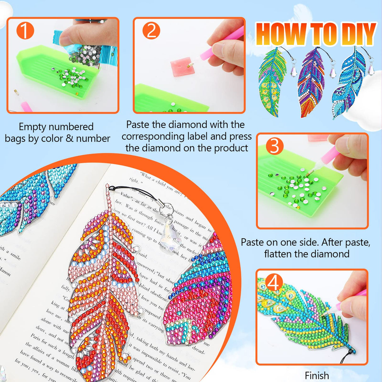 Tinlade 8 Pcs 5d Diamond Painting Bookmarks Kits DIY Crystal Diamond Art Feather Bookmarks for Book Lovers Home Office Project Graduation Birthday Gift Tinlade