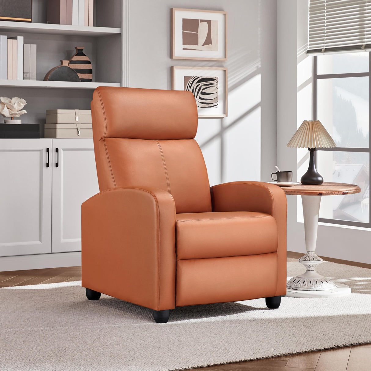 Yaheetech Recliner Chair PU Leather Recliner Sofa Home Theater Seating with Lumbar Support Overstuffed High-Density Sponge Push Tan Recliners Yaheetech