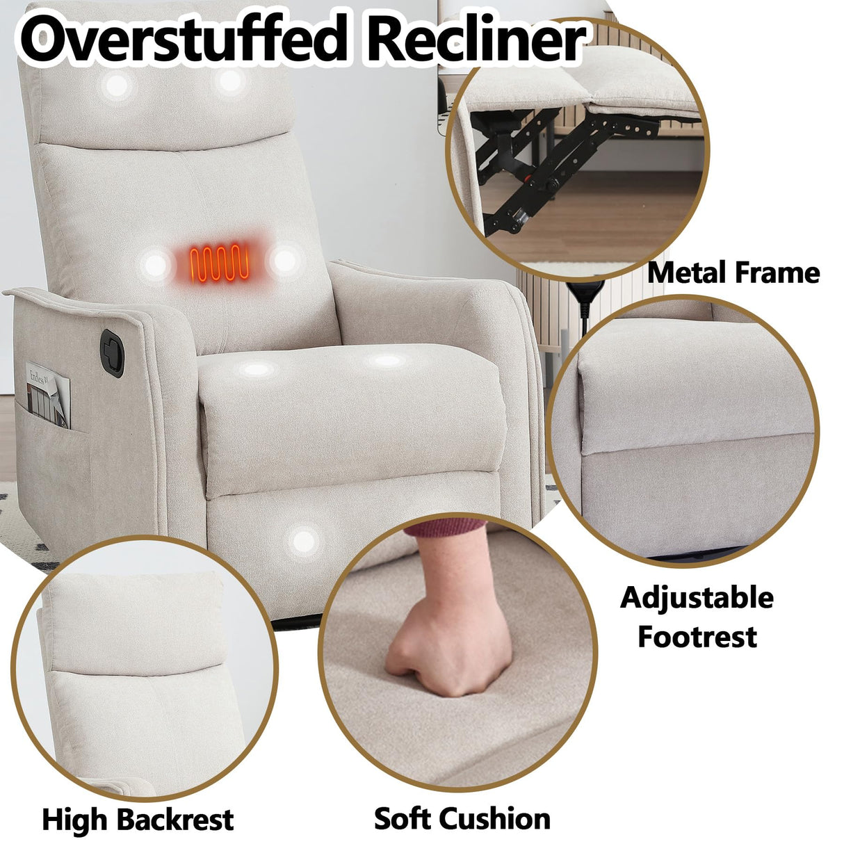 Massage Chair Recliner with Heat, Swivel Rocking Chair Recliner with High Back, Manual Lazy Boy Recliners for Adults,Small Recliner Chair for Small Spaces, Living Room Bedroom, Fabric (Beige) Thctvous