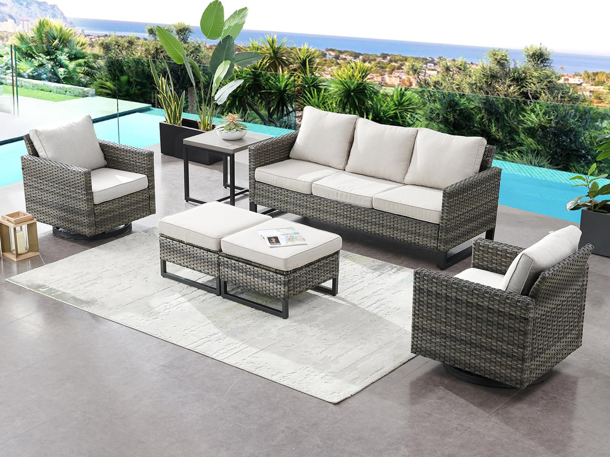 HUMMUH 6 Piece Patio Furniture Set Outdoor Sectional Sofa,PE Wicker Patio Swivel Rocker Chairs with Ottomans Side Table for Porch,Garden,Backyard HUMMUH