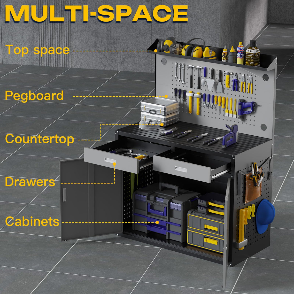 Eltean 65" Heavy Duty Work Bench with Storage, 2000 LB Capacity Garage Work Table with Adjustable LED Lighting、Lockable Cabinet、Drawers & Pegboard ,Work Benches for Garage、Workshop, Basement Eltean