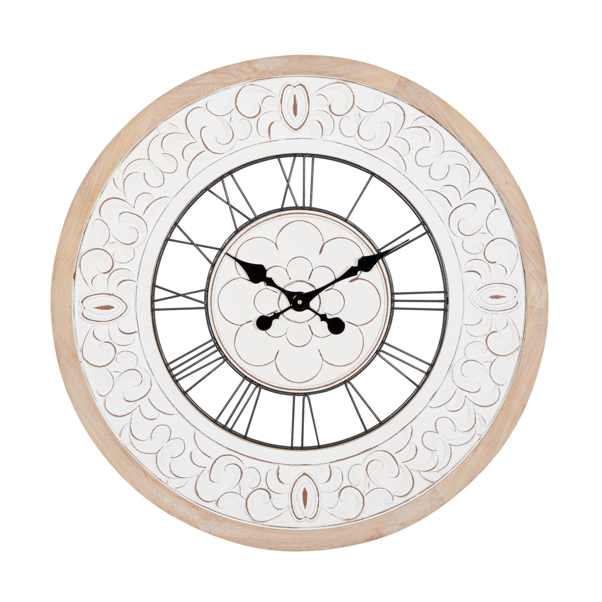 Deco 79 Wooden Floral Decorative Wall Clock Carved Wall Clock for Home with Black Metal Accents, Wall Clock for Room 32" x 2" x 32", White Deco 79