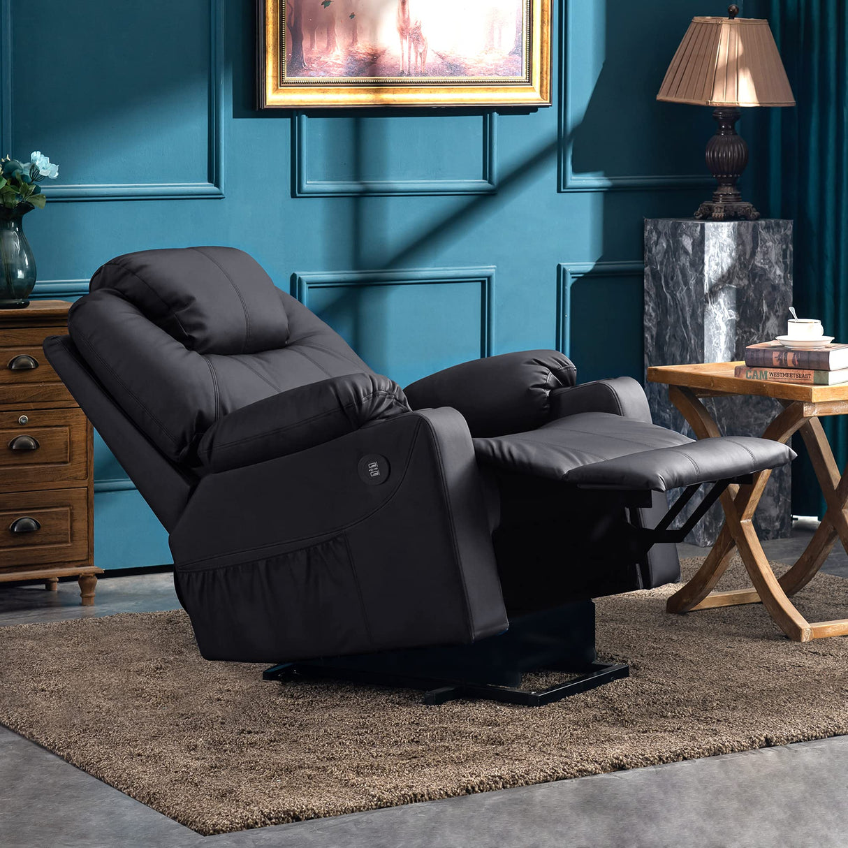 MCombo Electric Power Lift Recliner Chair Sofa with Massage and Heat for Elderly, 3 Positions, 2 Side Pockets, and Cup Holders, USB Ports, Faux Leather 7040 (Black, Medium) MCombo