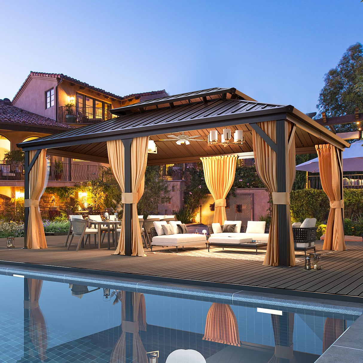 MELLCOM 12'x18' Hardtop Gazebo, Galvanized Steel Metal Double Roof Aluminum Gazebo with Curtain and Netting, Brown Permanent Pavilion Gazebo for Patio, Lawn & Garden MELLCOM