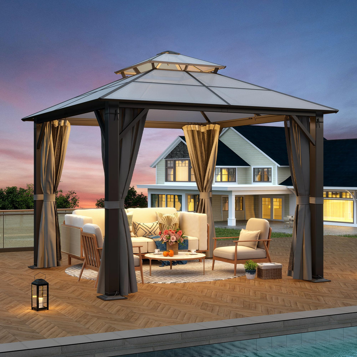 Howsvn 10'x10' Hardtop Gazebo, Upgrade Outdoor Polycarbonate Gazebos with Netting and Curtains, Heavy Duty Metal Pavilion for Patio, Backyard, Deck and Lawn HOWSVN