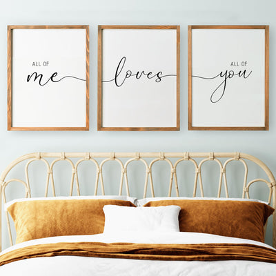 Set of 3 Framed Farmhouse All of Me Loves All of You Sign 11x14” Above Bed Wall Decor for Bedroom Decor Wall Art Wood Signs (11x14", Brown)