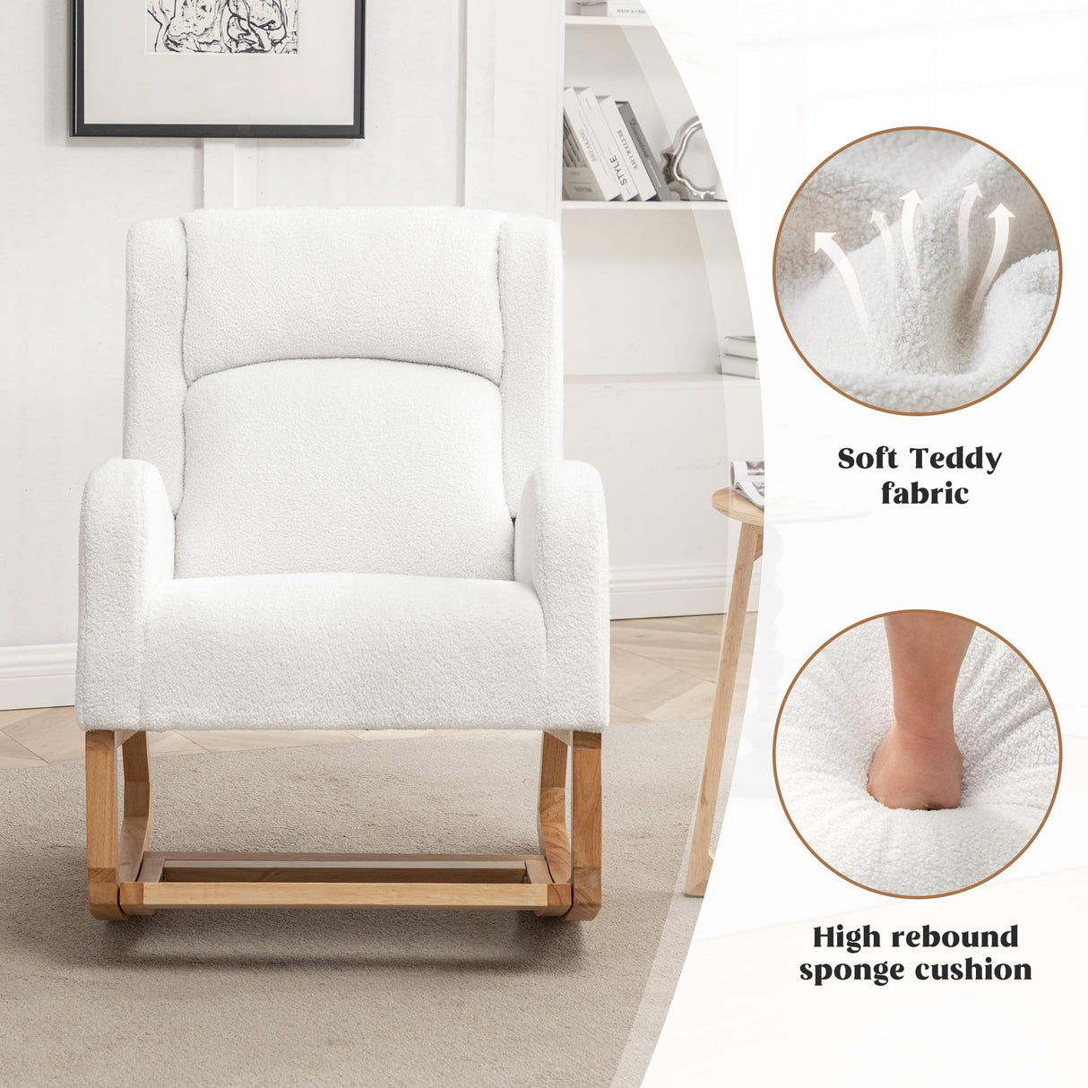 HCHAIRH Rocking Chair Nursery, Nursing Rocking Chairs for Mom Nursery, Comfy Wingback Glider Rocking Armchair with Foot Rest and Side Pocket for Nursery Living Room Bedroom, Teddy White HCHAIRH