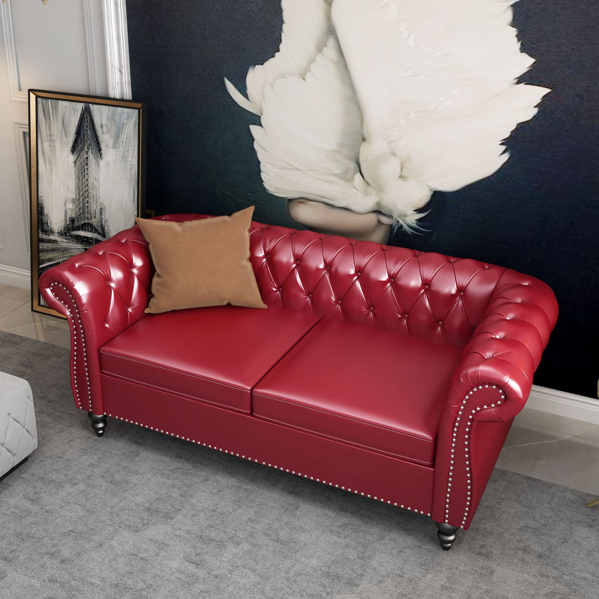 Chesterfield Loveseat, Modern Leather Sofa Tufted Couch 2 Seater with Rolled Arms and Nailhead for Living Room, Bedroom, Office, Apartment (Burgundy) ORRD