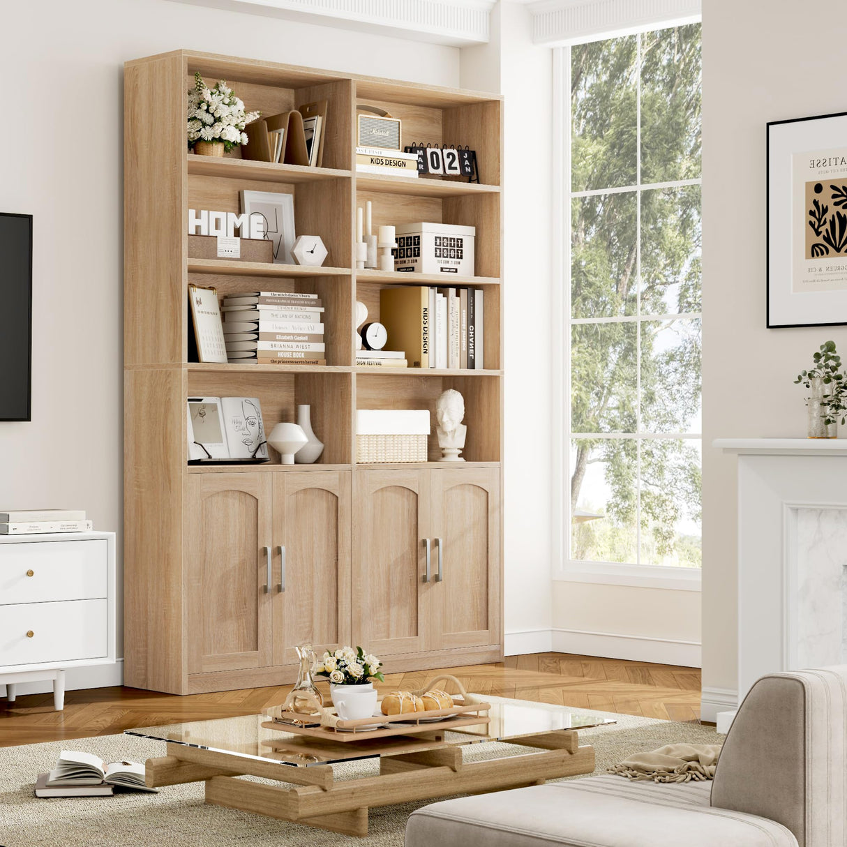 FACBOTALL Bookshelf and Bookcase with Doors, 6 Tier Double Wide Large Bookshelves, Open Display Shelves, 73'' Tall Bookcases for Home Office, Living Room, Library, Oak FACBOTALL