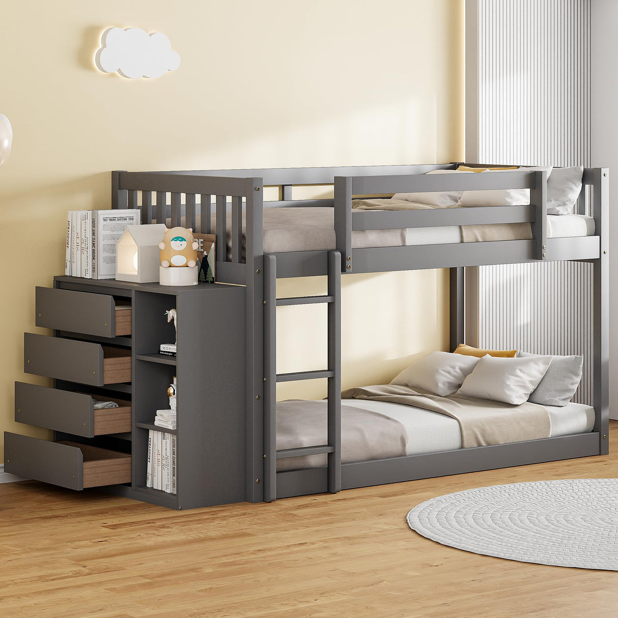Harper & Bright Designs Twin Over Twin Low Bunk Bed with Storage,Floor Bunk Bed Frame with 4 Drawers and 3 Shelves, Solid Wood Loft Bed for Kids Girls Boys - Gray Harper & Bright Designs