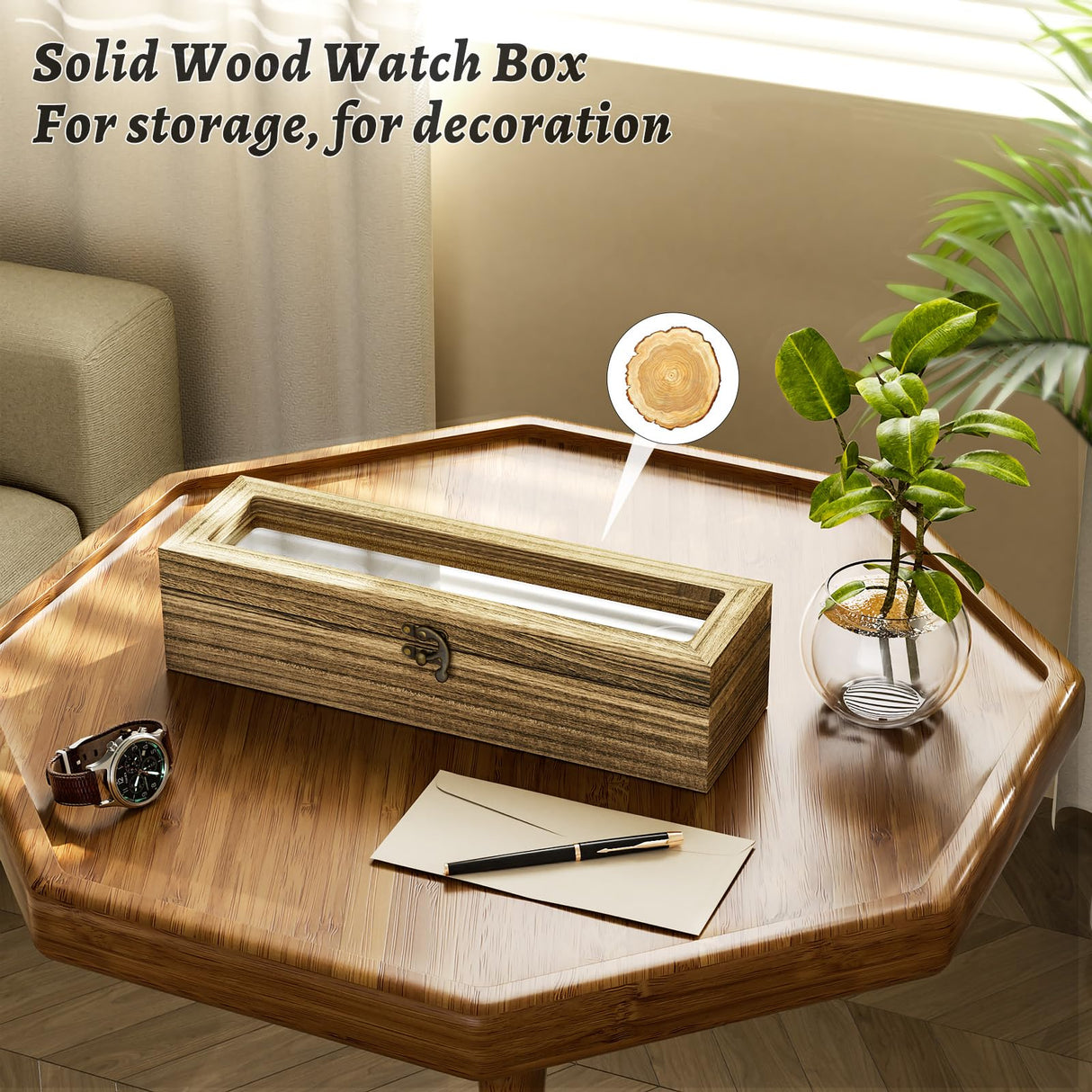 SRIWATANA Watch Box Case Organizer Display for Men Women, 6 Slot Wood Box with Glass Top, Gift for Loved Ones, Carbonized Black SRIWATANA