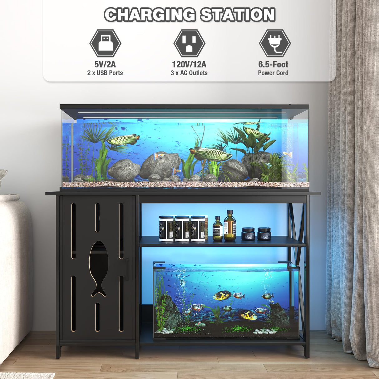 55-75 Gallon Aquarium Stand,Fish Tank Stand with Power Outlets,Cabinet&LED Light,Heavy Duty Aquarium Stand for 2 Fish Tank/Turtle Tank/Reptile Terrarium,1100LBS Capacity,Black PAPIHO