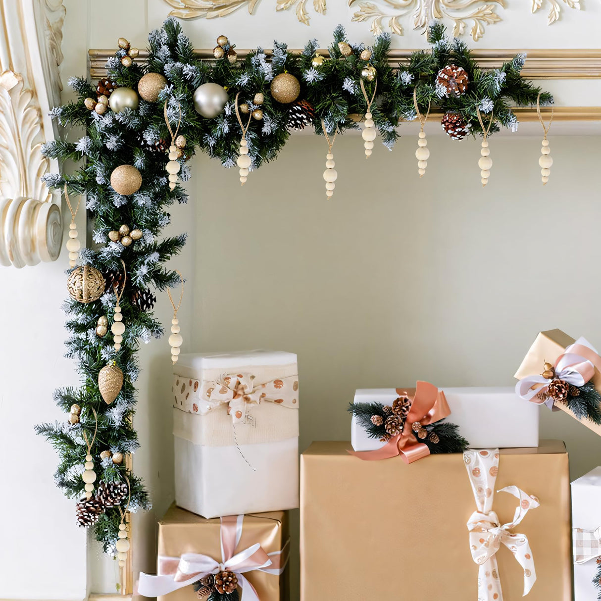 24 Pcs Christmas Tree Ornaments Wood Bead Hanging Decorations Farmhouse Natural Bead Garland Rustic Small Wooden Boho Holiday Minimalist for Neutral Scandi Xmas Tree Hanging Party Decor AllReal