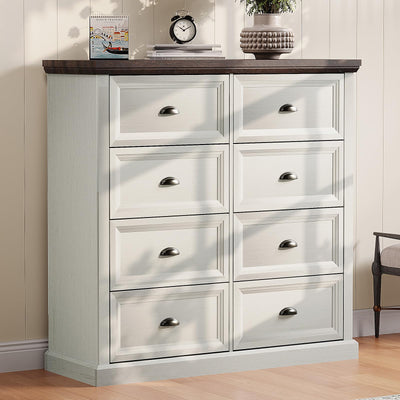 AMERLIFE 42" Dresser for Bedroom, Farmhouse 8 Drawer Dresser, Dressers & Chests of Drawers, Organizer with Storage Drawers, Rustic White