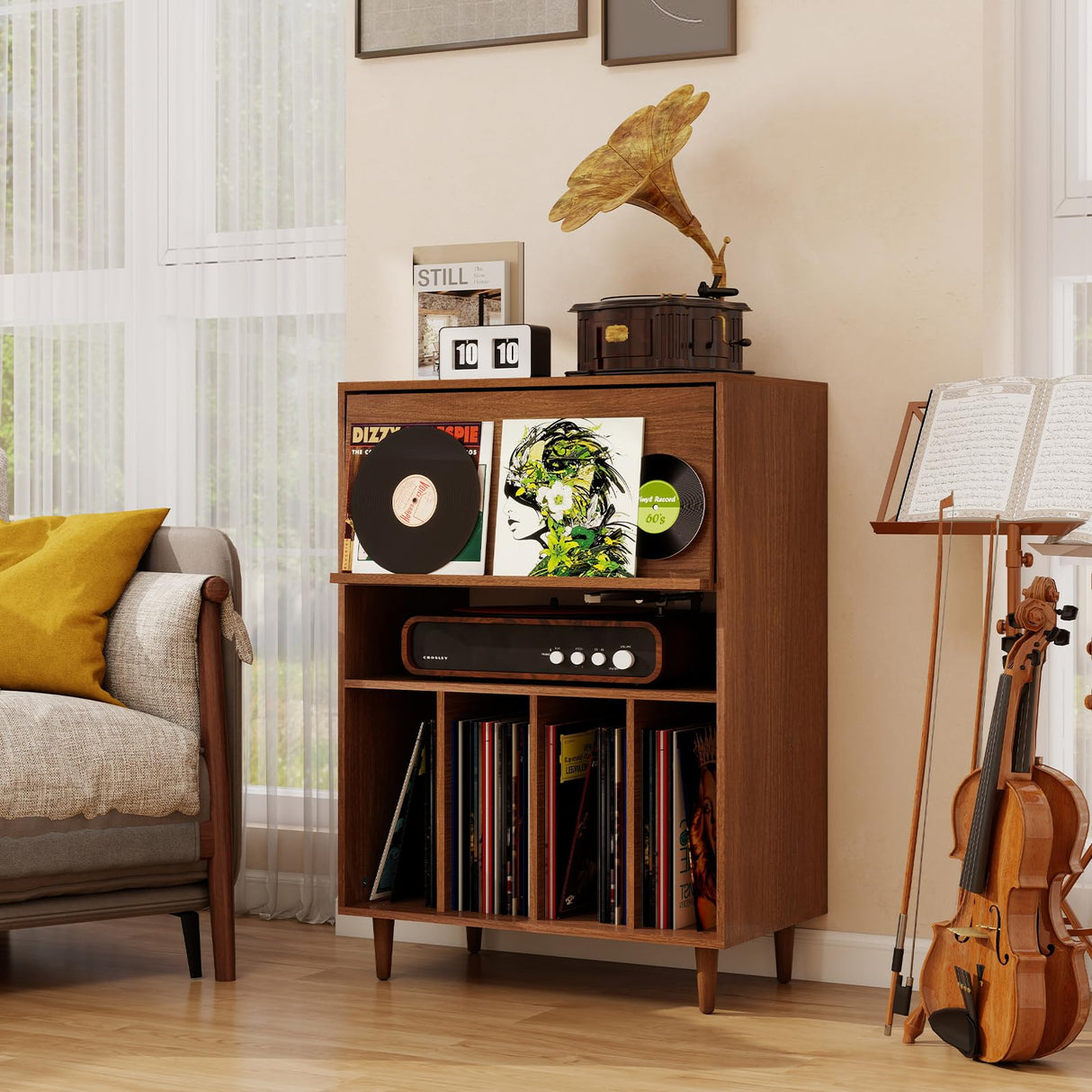 ELECWISH Record Player Stand with Vinyl Storage, Flip Top Media Cabinet, Audio-Video Stereo Cabinet,Mid-Century Turntable Table with Open Storage for Living Room, Bedroom, Walnut ELECWISH