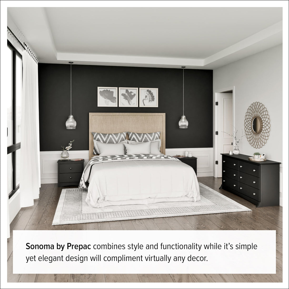 Prepac Sonoma Traditional 6-Drawer Dresser for Bedroom, Functional Dresser Chest of Drawers 17.5" D x 48" W x 29" H, Black, BDC-4829 Prepac