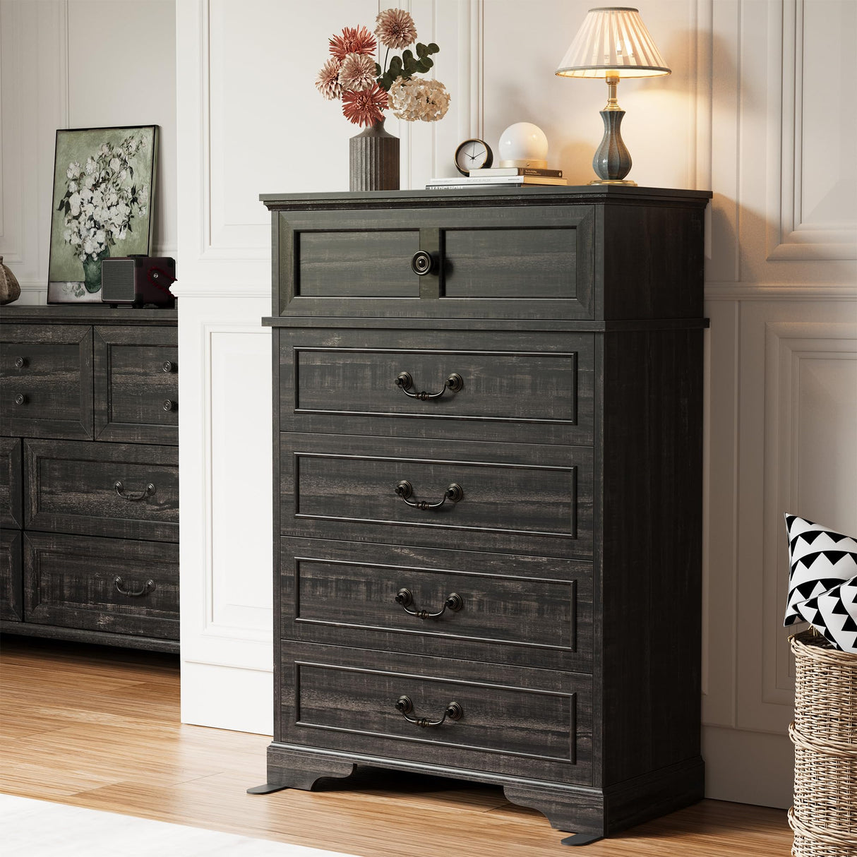 IRONCK 5 Drawer Dresser for Bedroom, Farmhouse Chest of Drawers with Charging Station, Vintage Drawer with Natural Texture, 47.8" Tall Dresser for Living Room, Hallway, Charcoal IRONCK