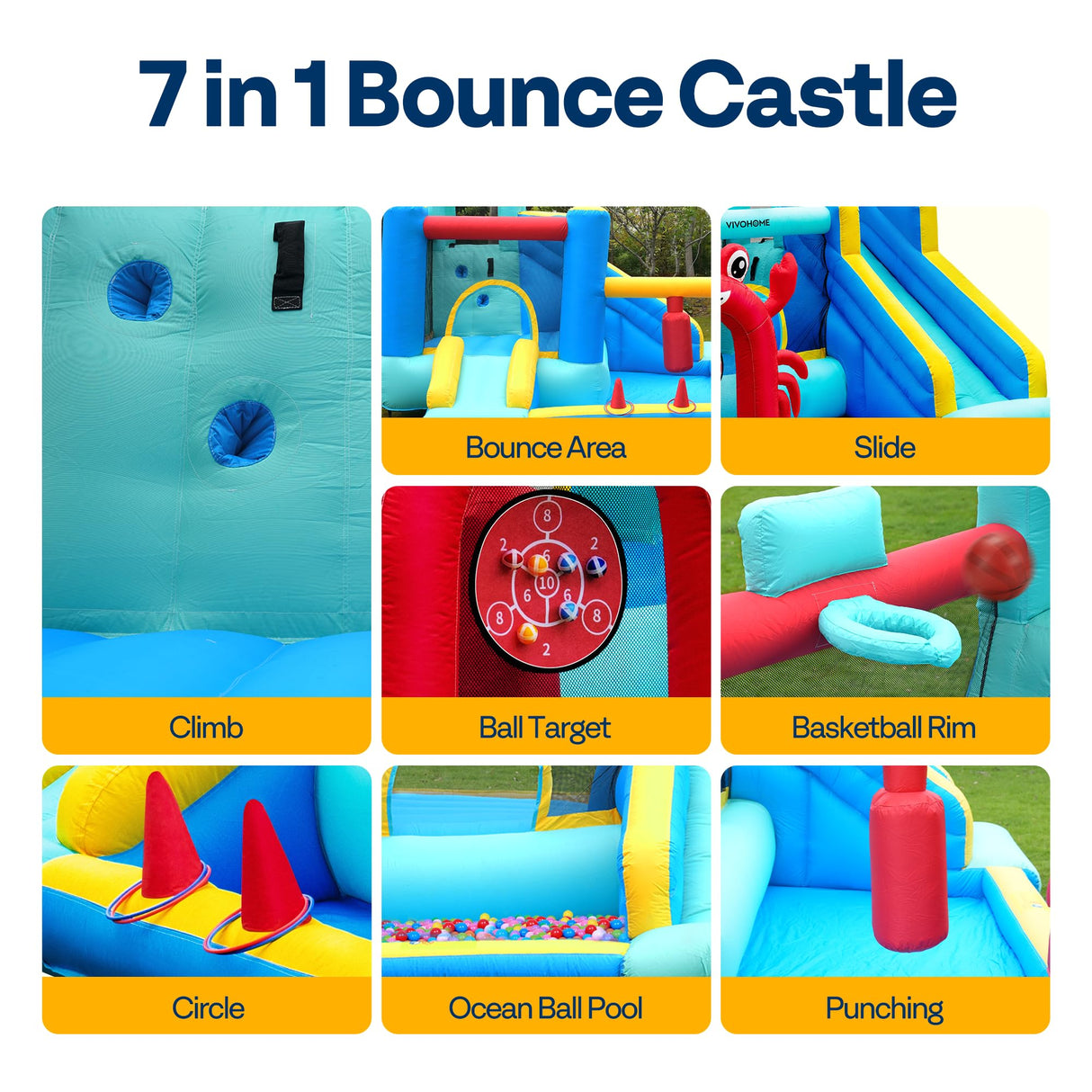 VIVOHOME 7 in 1 Bounce House for Kids, Sea Theme Inflatable Bouncy Castle with Slide, 12x10 FT Inflated Bouncer for Outdoor with Blower, Basketball, Climb, Jump Area, Ball, Water Pool, Hoop VIVOHOME