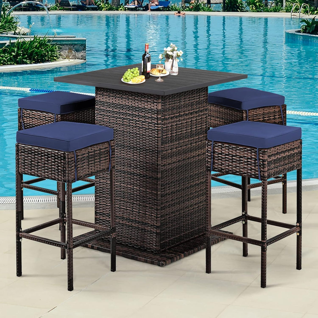 RELAX4LIFE 5-Piece Outdoor Bar Set, Wicker Rattan Bar Height Patio Set w/4 Cushion Bar Stools & Table with Hidden Storage, 5PCS Outdoor High Top Table and Chairs Set for Backyard Poolside (Navy Blue) RELAX4LIFE