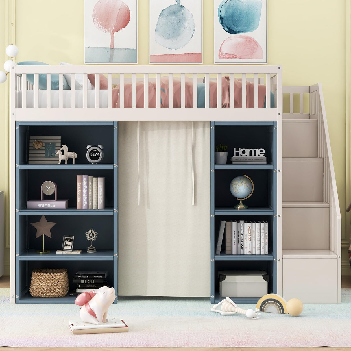 Merax Full Size Loft Bed with 2 Four-Layer Racks and Storage Staircase, Wooden Bed Frame with Curtain and Storage Cabinets, No Box Spring Needed, White+Blue Merax