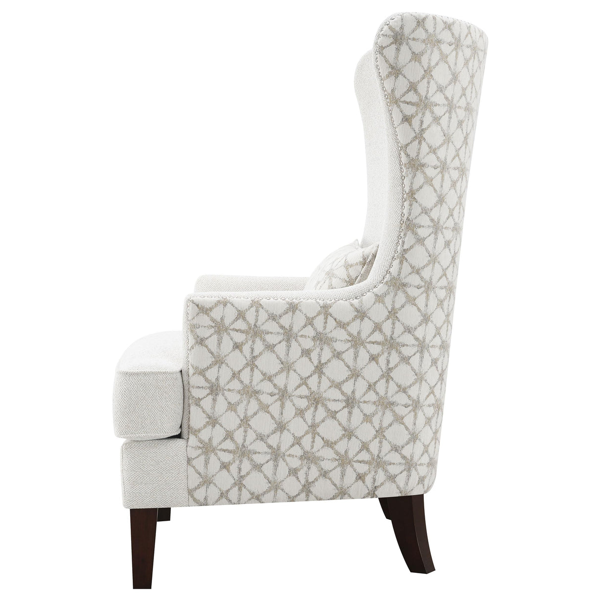 Coaster Home Furnishings - Pippin - Upholstered High Wingback Accent Chair with Brown Wood Legs, Track Arms, Removable T-Cushion, Geometric Pattern and Nailhead Trim - Living Room - Latte - 904066 Coaster Home Furnishings