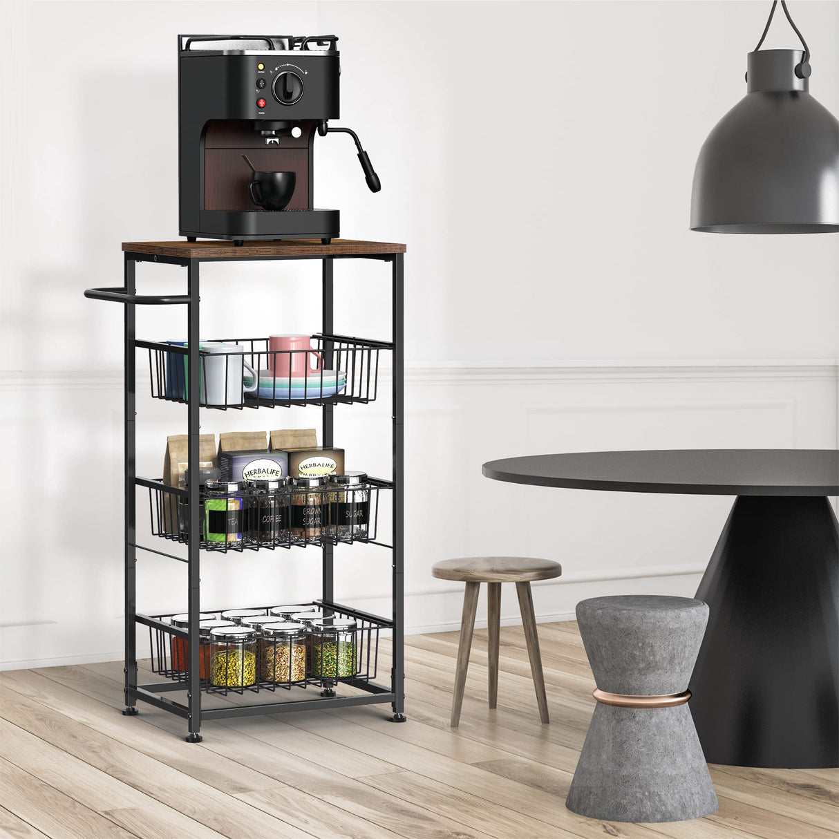 Kitchen Storage Cart on Wheels 4 Tier Utility Rolling Cart with Baskets Farmhouse Serving Cart with Handle Mesh Basket Pantry Cart Rack with Wooden Tabletop for Pantry Bathroom Office, Brown CADUKE